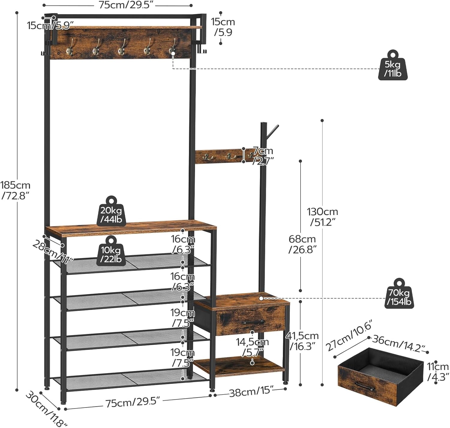Hall Tree, Entryway Coat Rack Shoe Bench, Shoe and Coat Rack for Entryway, Hall Tree Coat Rack, with Non-Woven Fabric Drawer, for Entrance, Foyer, Rustic Brown and Black BF113MT01