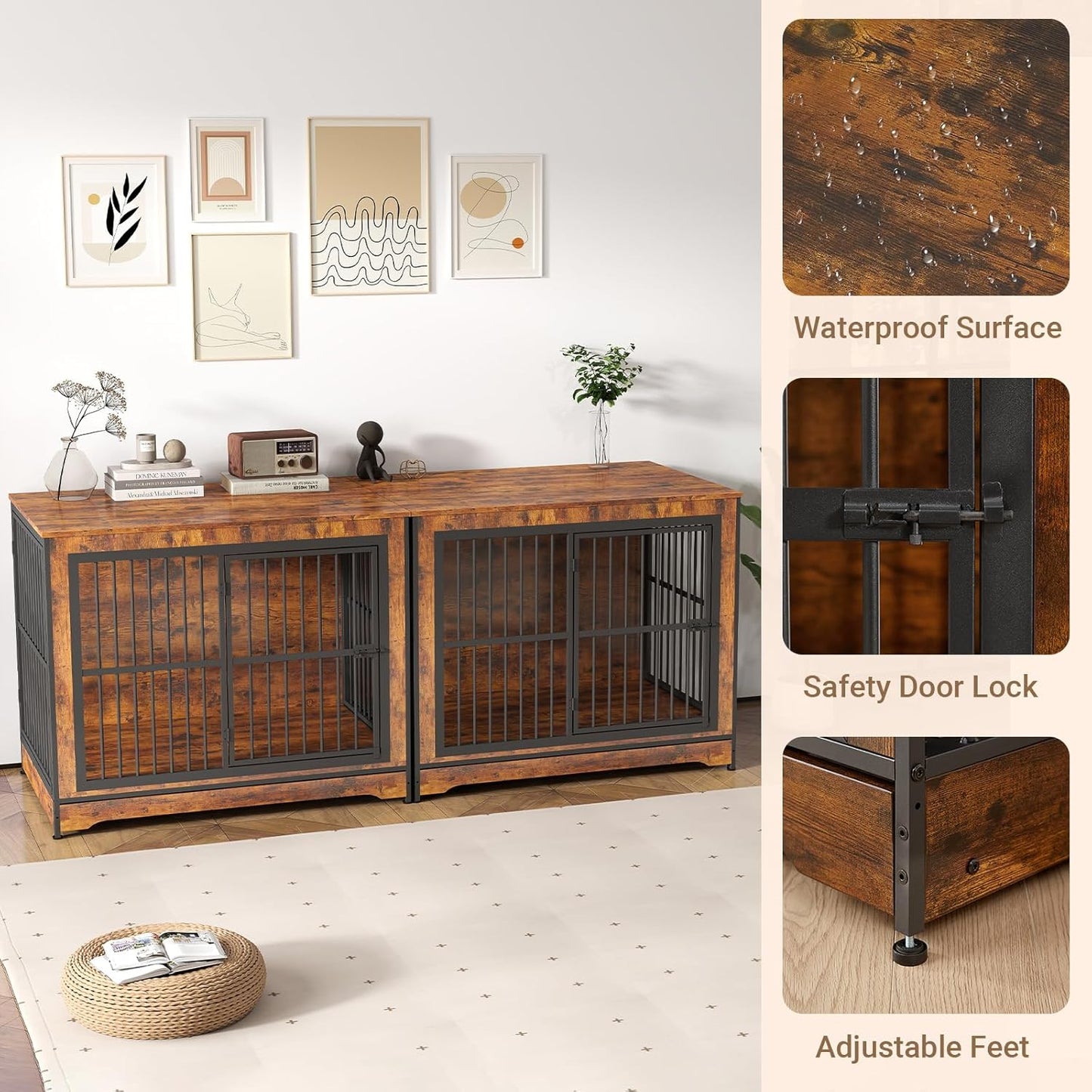Double Dog Crate Furniture, 86 Inch, 2 Dog Crate with Removable Divider & Trays, Furniture Style Dog Cage for 2 Dogs Indoor with Three Doors, Rustic Brown