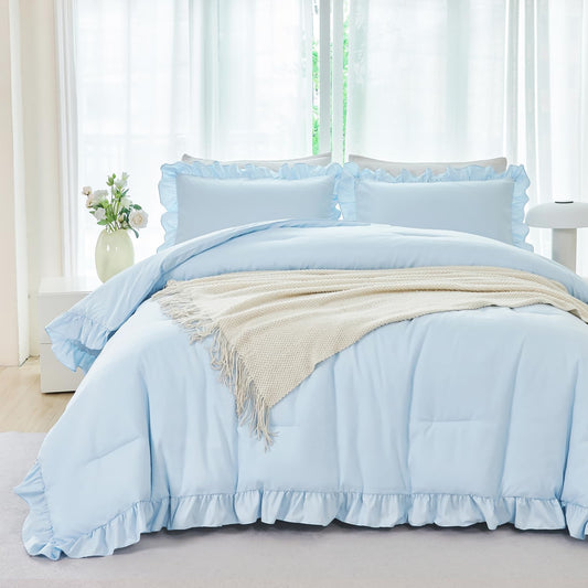 5 Pieces Light Blue Full Bed in a Bag for Kids Girls Ruffle Bedding Sets Boho Comforter Set Vintage Farmhouse Bedding Comforter Sets with Sheets(Light Blue Full)