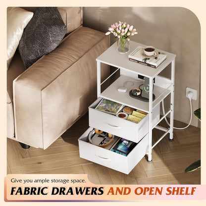 White Night Stand with Charging Station, LED Nightstand with 2 Fabric Drawers and Storage Shelf, Dorm Bedside Table End Table with 2 USB Ports and Outlets, Small Dresser for Bedroom