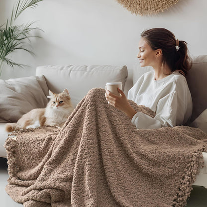 Throw Blanket for Couch, Taupe Tan Luxury Knitted Throws 50"X60", Textured Blankets with Handmade Fringe Tassels for Bed Sofa Decorative, Chunky Soft Farmhouse Boho Home Decor