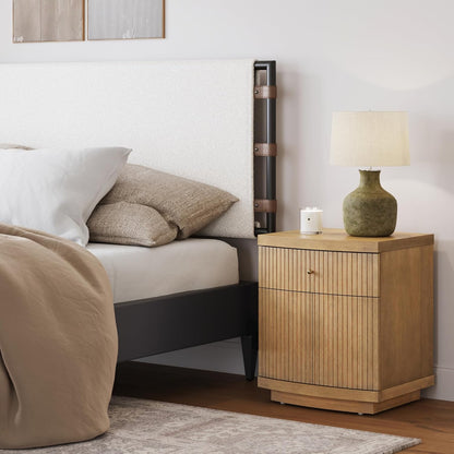 Tambellini Mid Century Modern Nightstand, Bedside Table with Drawer and Cabinet Storage, Solid Wood Legs and Fluted Door Fronts, Light Brown