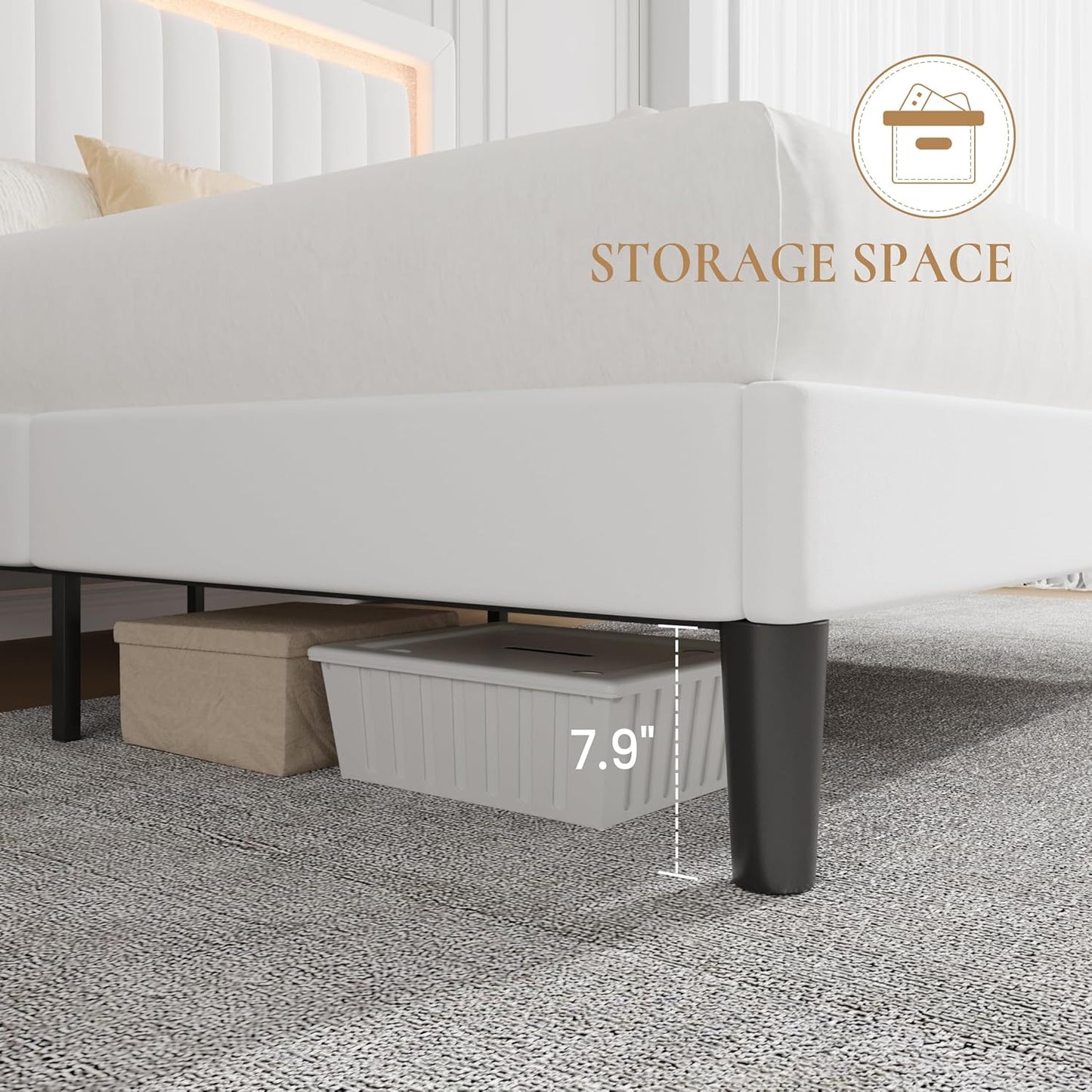 Full Size Velvet Bed Frame with LED Light, Adjustable Vertical Channel Tufted Headboard, Strong Wooden Slats Support, Noise-Free, No Box Spring Needed, White