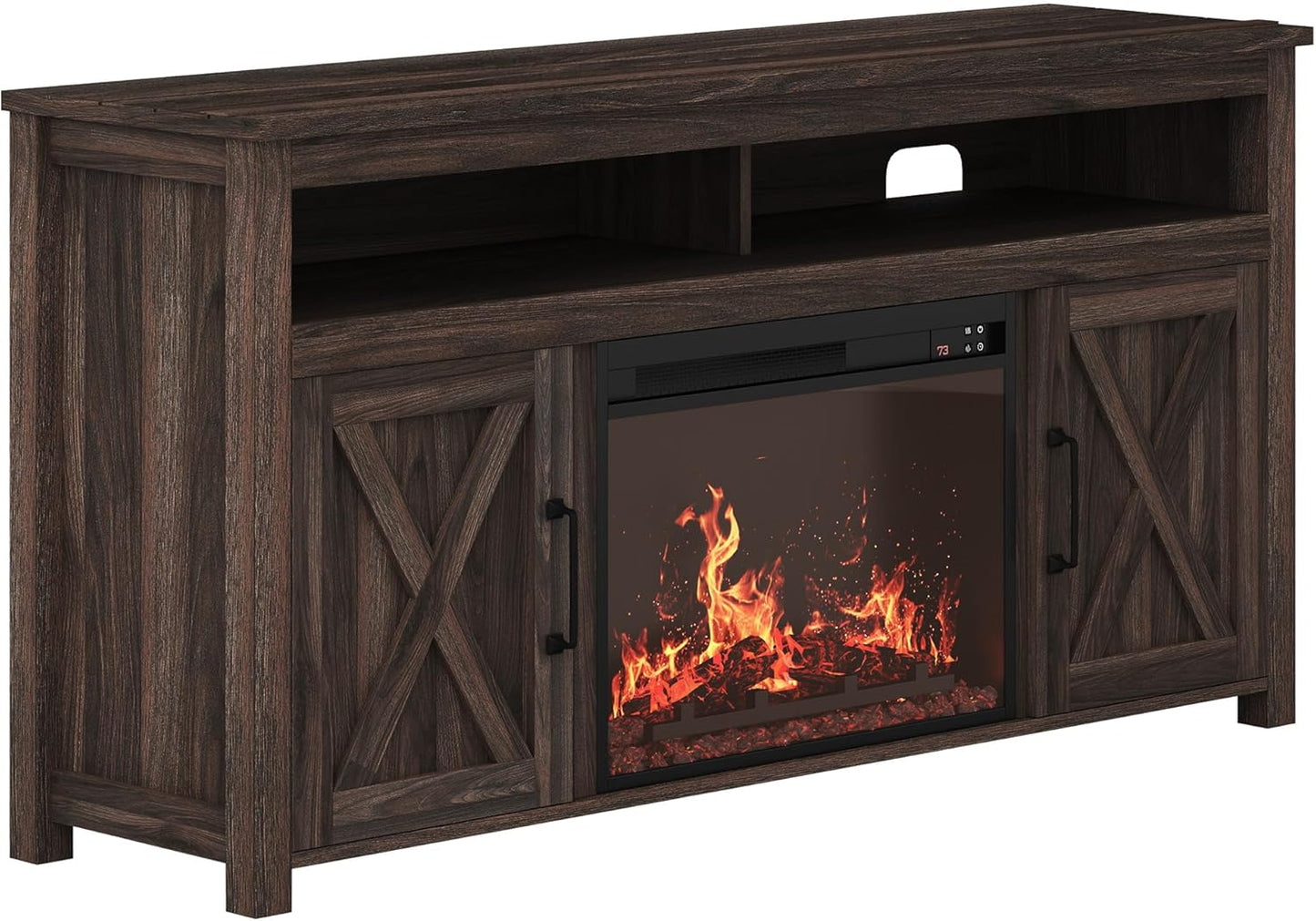 Barn Door Wood Electric Fireplace TV Stand for Tvs up to 65 Inches Open Shelves and Cabinets Media Entertainment Center Console Table - Corin (Dark Walnut)