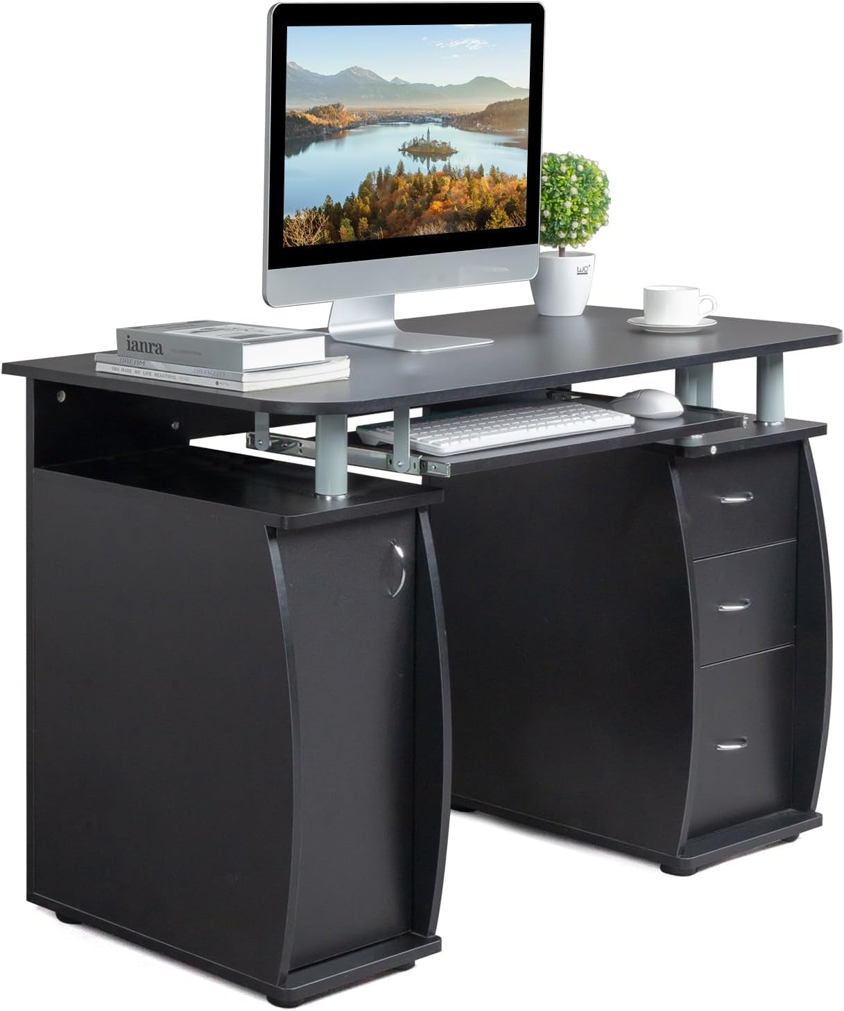 115 * 55 * 74Cm 15Mm MDF Computer Desk Black with 3Pcs Drawers and 1Pc Door Portable Home Office Writing Table for PC Laptop Study Workstation
