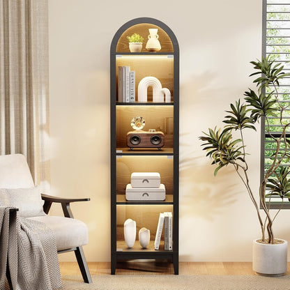 71" Tall Arched Display Cabinet with Glass Doors, Curio Cabinet with LED Lights for Collectibles, Books, 5-Tier Showcase Glass Display Case with Human Body Sensor for Living Room, Black