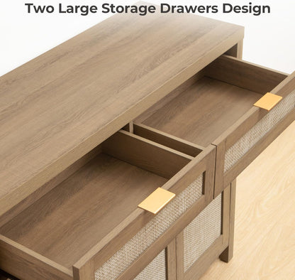 Rattan Sideboard Buffet Cabinet with Storage, Boho Credenza Accent Cabinet with 3 Doors and 2 Drawers, Farmhouse Console Coffee Bar for Kitchen, Living Room, and Entryway, Caramel Oak
