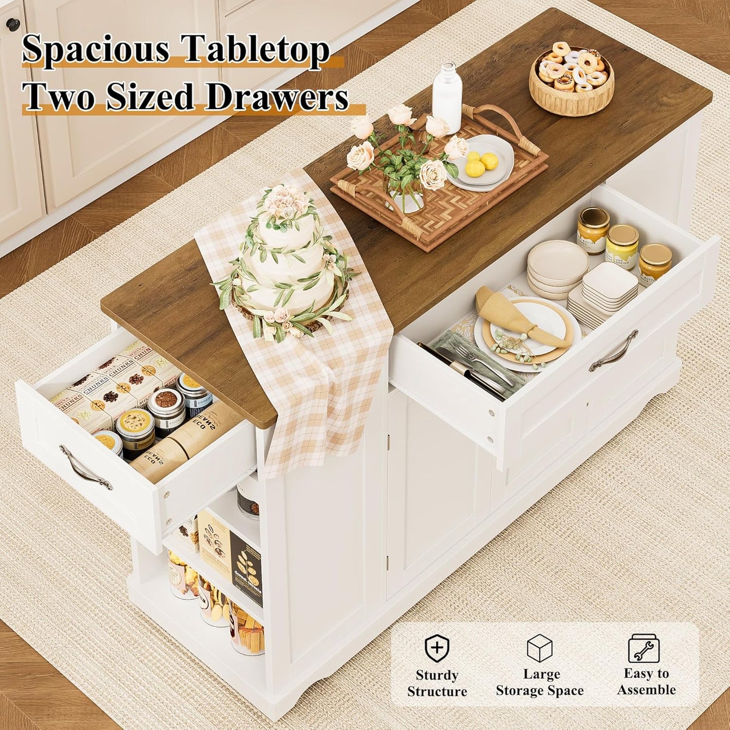 Kitchen Island Cart with Storage, 47'' Kitchen Storage Island on Wheels with 2 Drawers, Rolling Island Table with Adjustable Shelves, Mobile Buffet Sideboard Cabinet for Dining Room, White