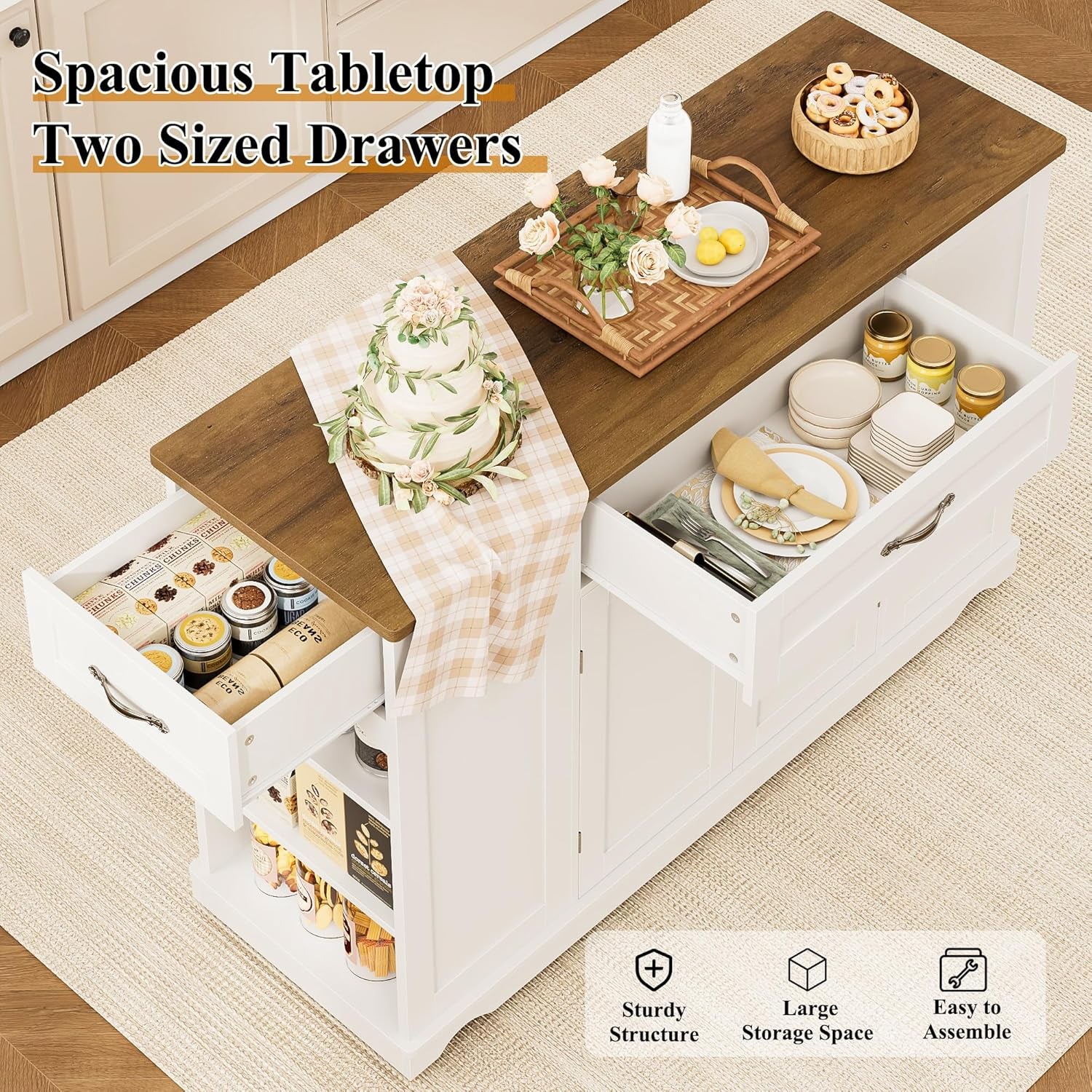 Kitchen Island Cart with Storage, 47'' Kitchen Storage Island on Wheels with 2 Drawers, Rolling Island Table with Adjustable Shelves, Mobile Buffet Sideboard Cabinet for Dining Room, White