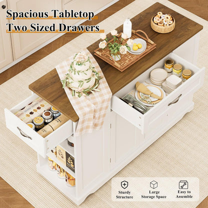 Kitchen Island Cart with Storage, 47'' Kitchen Storage Island on Wheels with 2 Drawers, Rolling Island Table with Adjustable Shelves, Mobile Buffet Sideboard Cabinet for Dining Room, White