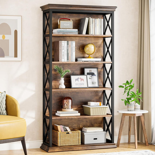 6-Tier Bookcase, 71 Inches Industrial Bookshelves and Bookcases, Floor Standing 5 Shelf Display Storage Shelves Tall Bookcase for Home Office, Living Room, Bed Room, Brown and Black