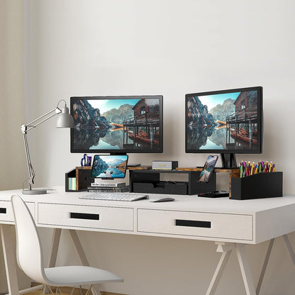 Desk Dual Monitor Stand Riser with Drawer, Rustic Brown