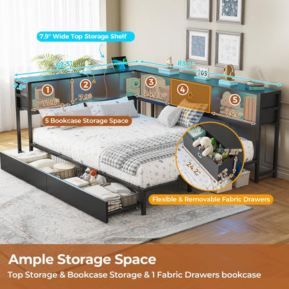 Full Corner Bed Frame with Bookcase Storage and Led Lights Metal Platform Bed Frame Full Size with Storage Drawers & Charging Station Full Size Daybed for Teen/Adult,No Box Spring Needed,Black