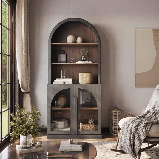 Arched Bookshelf with Glass Doors, 71" Tall Wood Display Cabinet with Adjustable Shelf and Hutch, 5 Tier Modern Bookcase Shelf with Storage for Living Room Office, Ebony