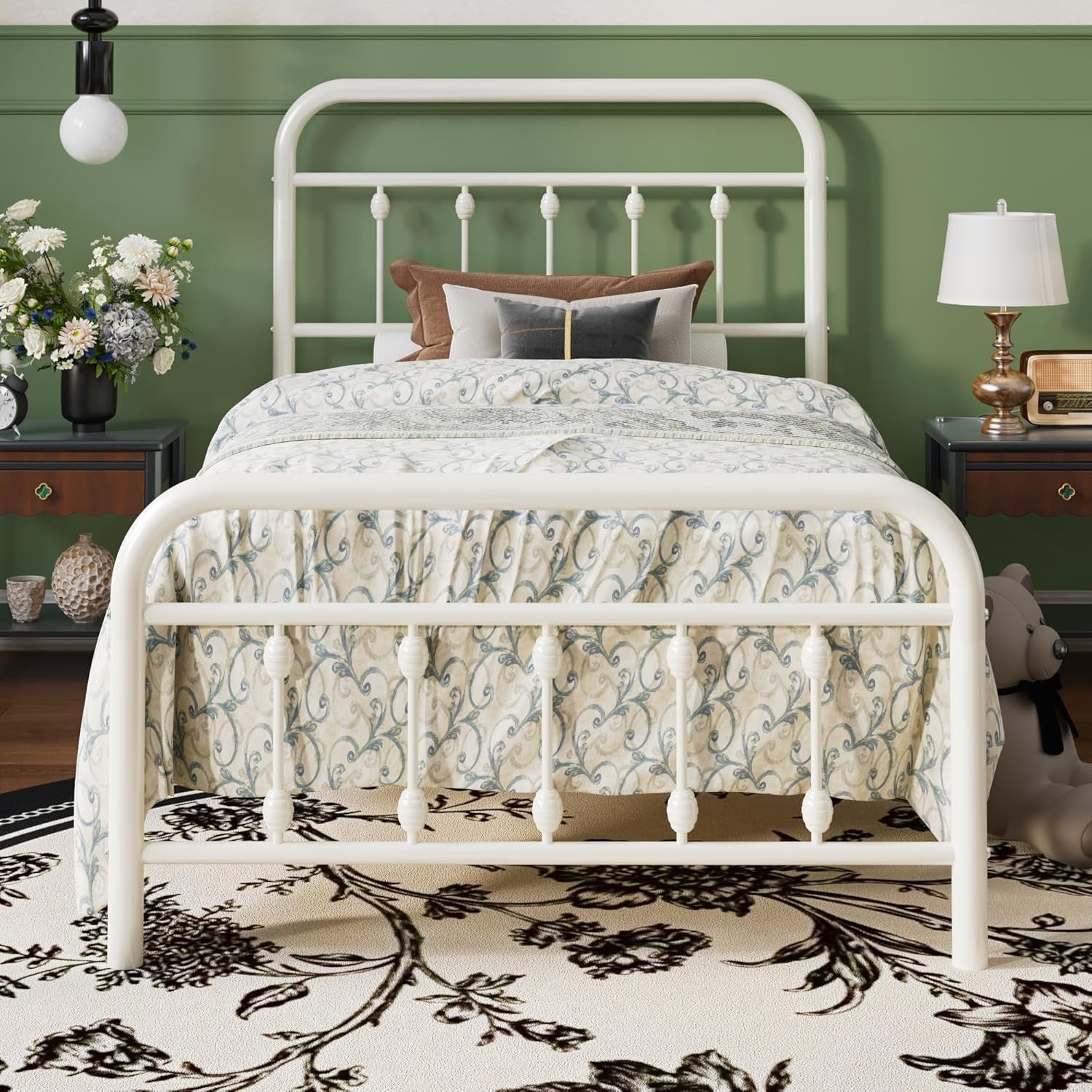Twin Size Metal Platform Bed Frame with Victorian Style Iron-Art Headboard and Footboard, Easy Assembly, under Bed Storage, No Box Spring Required, off White