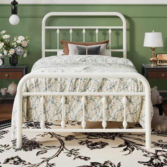 Twin Size Metal Platform Bed Frame with Victorian Style Iron-Art Headboard and Footboard, Easy Assembly, under Bed Storage, No Box Spring Required, off White