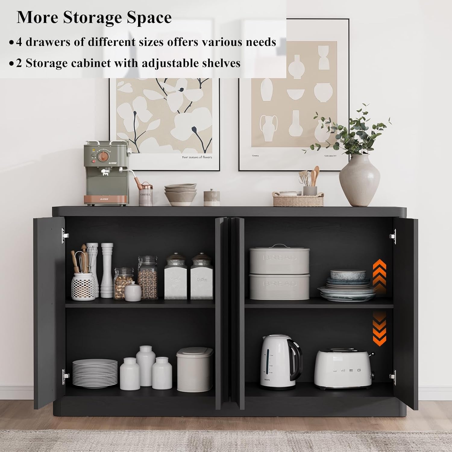 Fluted Buffet Cabinet with Storage, 60" Sideboard Buffet Storage Cabinet with 4 Doors & Adjustable Shelves, Wood Coffee Bar Credenza Accent Cabinet for Kitchen, Living Room, Black(1Pcs)