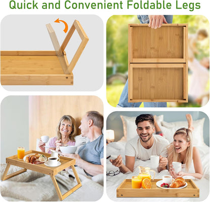 Bamboo Bed Tray Table with Foldable Legs, Breakfast Tray, Laptop Desk for Bed or Sofa,Serving,Tv Table Kitchen, Eating,Working, Reading (Beige)