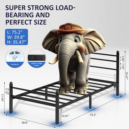 Twin Bed Frame with LED Lights & Charging Station, Metal Platform Bed with Headboard, Heavy Duty Metal Slats, No Box Spring Needed, Noise Free, Easy Assembly, Black