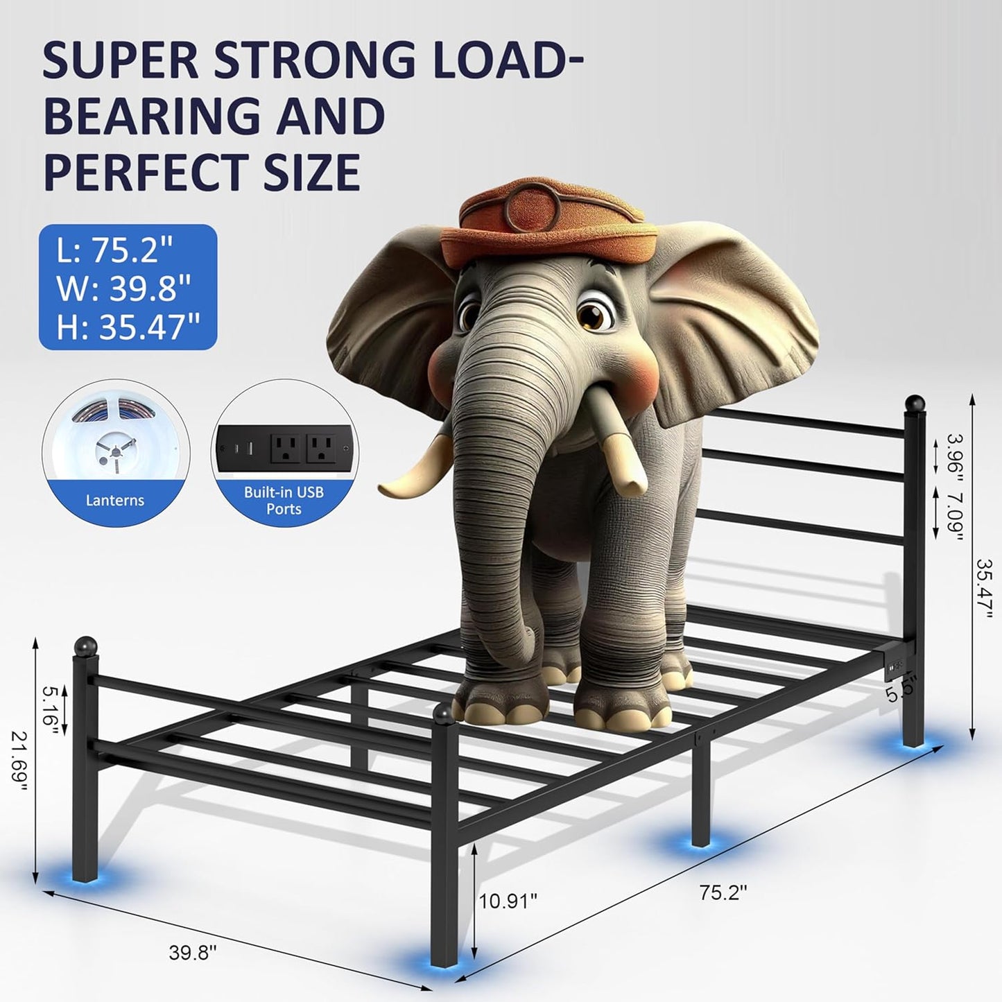 Metal Platform Twin Bed Frame with LED Lights, Charging Station, Headboard, Heavy Duty Slats, No Box Spring Required, Black