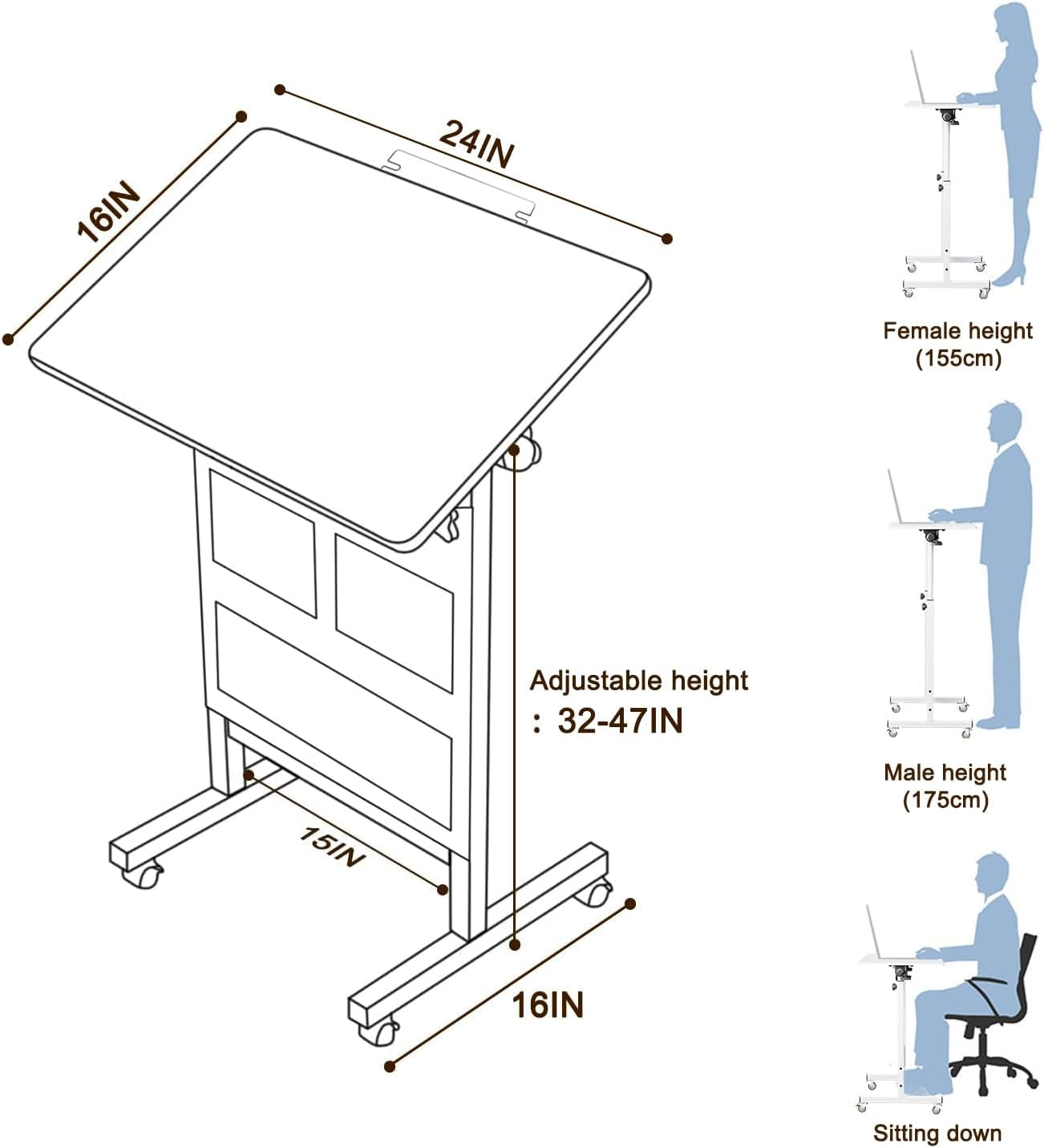 Adjustable Height Standing Desk, Writable Tempered Glass Desktop with Eraser, 360° Flip, Wheels and Bag– Ideal for Small Spaces and Home Offices, 24 In, White(Adjustable Height: 32-47 In)