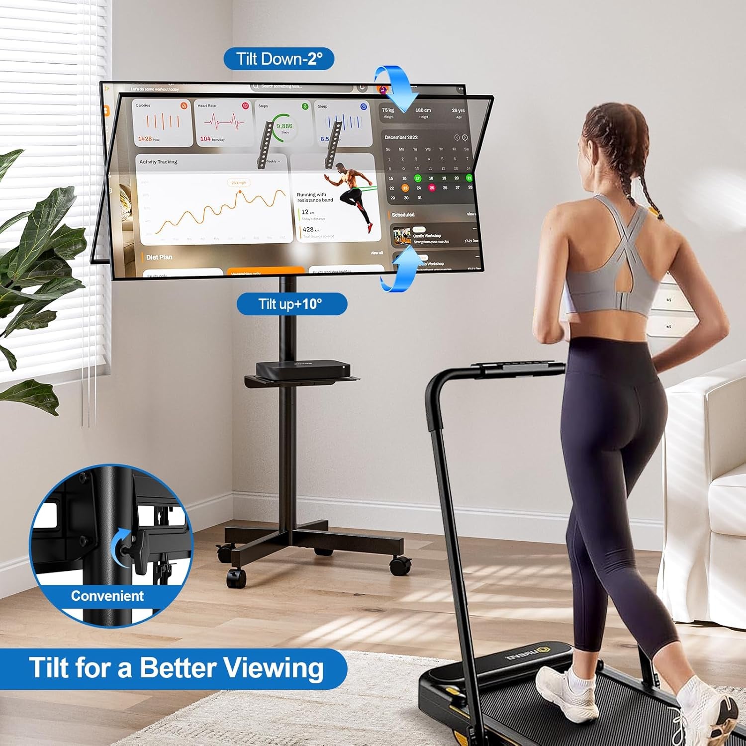 Mobile TV Stand for 23-65 Inch LCD LED Flat/Curved Panel Screen Tvs, Height Adjustable Rolling Floor TV Cart with Tilt Mount and Shelf, Portable Stand Holds up to 110 Lbs, Max VESA 400X400Mm