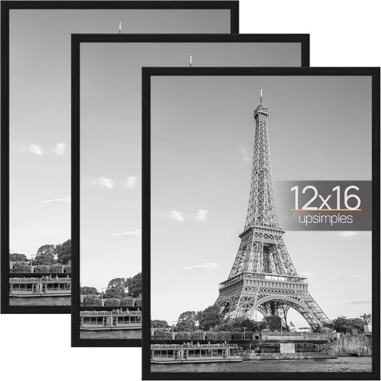 12X16 Picture Frame Black 3 Pack, Scratch-Proof Poster Frames 12 X 16 for Photo Gallery - Slide-In Strips, Horizontal or Vertical Wall Mounting