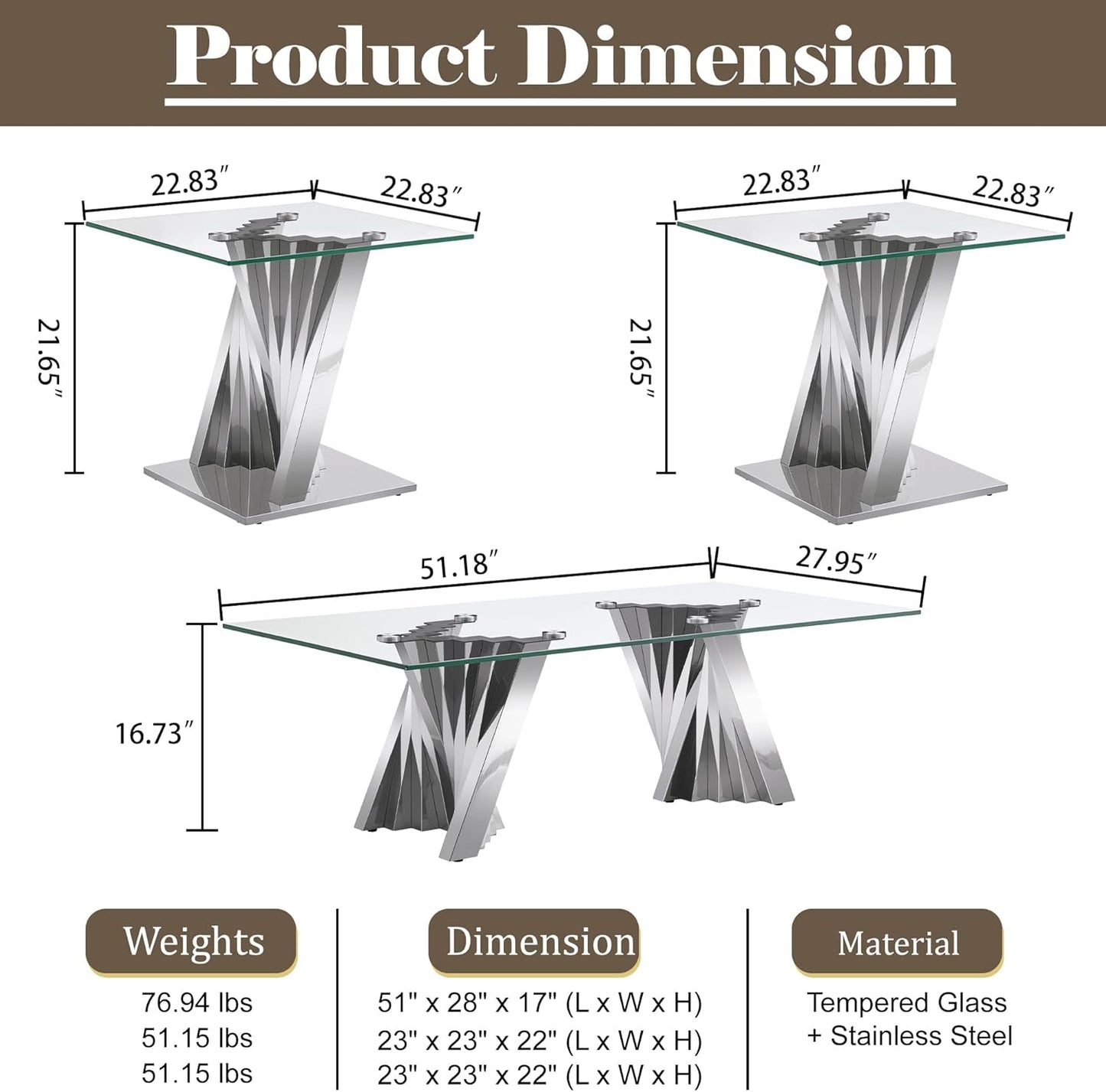 Silver 3 Piece Living Room Table Set with 1 Glass Coffee Table & 2 End Table, 3 Piece Coffee Table Set with Tempered Glass Tabletop and Stainless Steel Pedestal, Easy to Assemble
