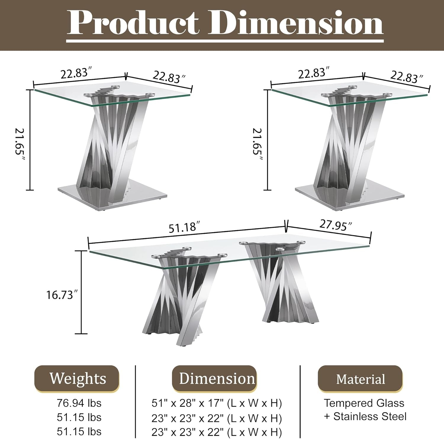 Silver 3 Piece Living Room Table Set with 1 Glass Coffee Table & 2 End Table, 3 Piece Coffee Table Set with Tempered Glass Tabletop and Stainless Steel Pedestal, Easy to Assemble