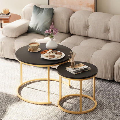 Nesting Coffee Table, 23.6" round Coffee Table Set of 2, Wooden Nesting Table Set with Metal Frame, Side Tables for Living Room Bedroom Balcony, Black