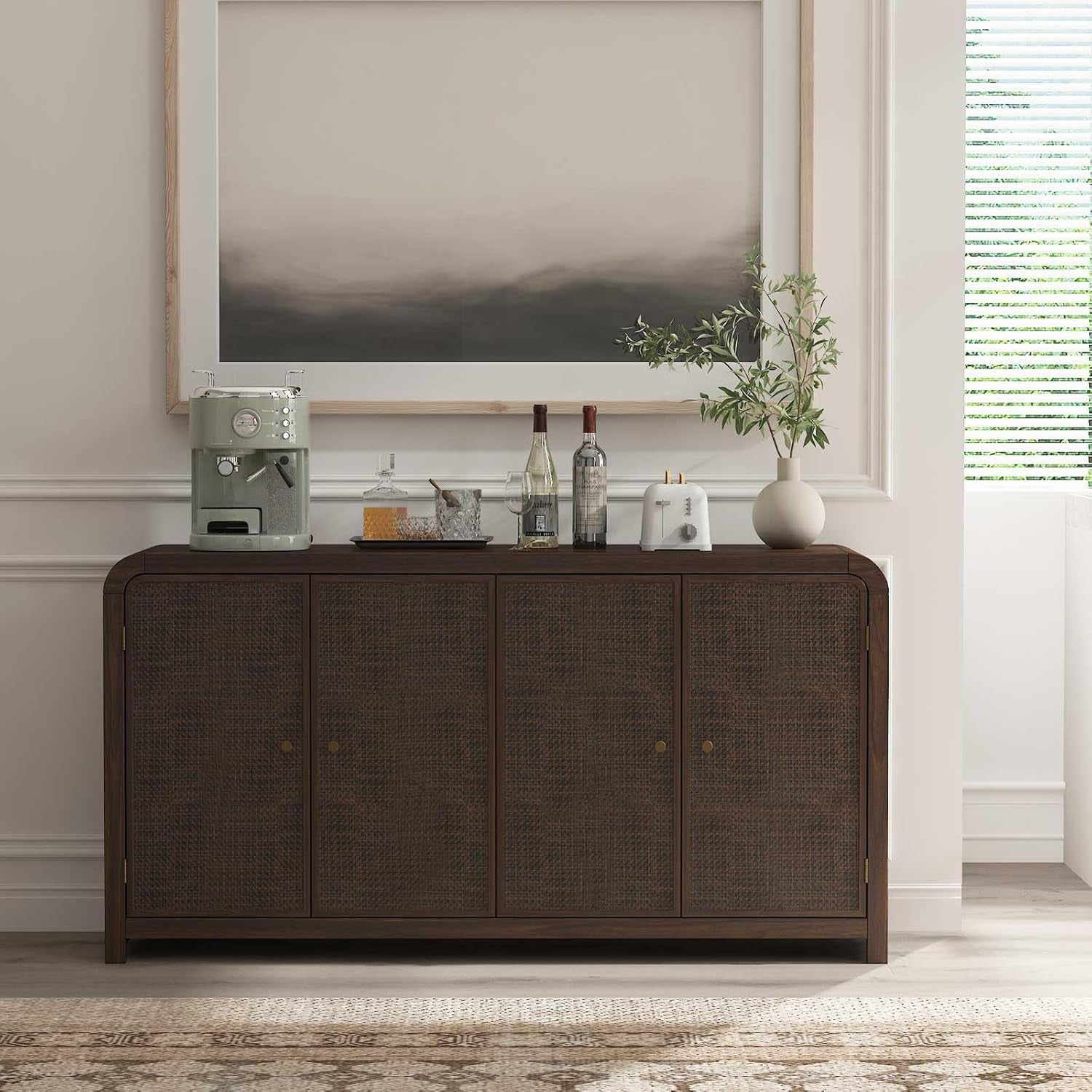 Oak Sideboard Buffet Cabinet with Storage, 60'' Boho Buffets & Sideboards with Adjustable Shelves, Rattan Sideboard Cabinet with 4 Doors for Living Room, Hallway & Kitchen