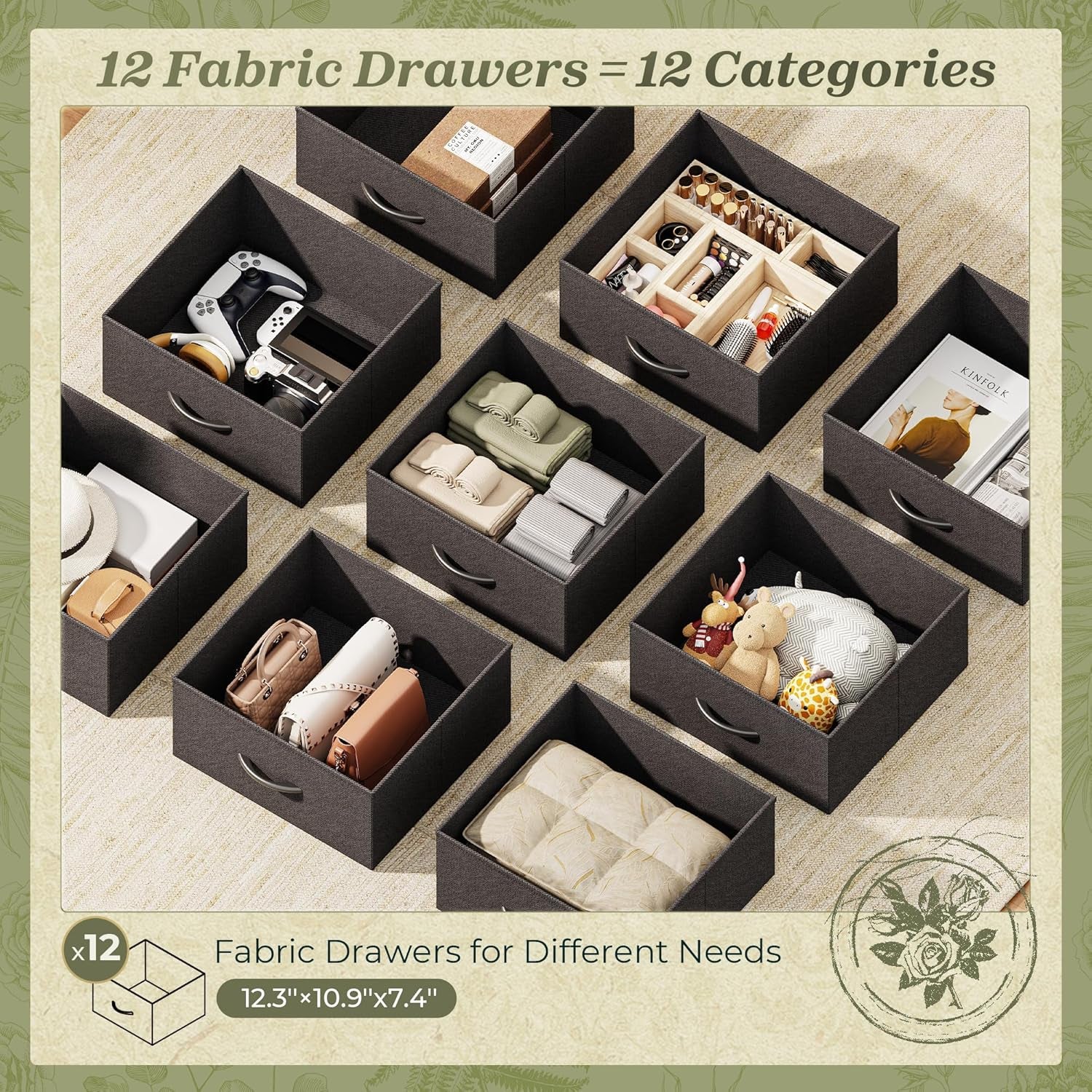 48 Inch Black Dresser for Bedroom, Corner TV Stand for 43, 55 Inch TV, L Shaped Chest of Drawer with Storage and Open Shelves, 12 Drawer Fabric Dresser for Closet, for Small Place