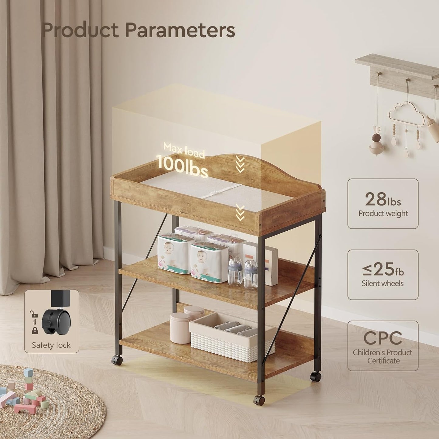 Baby Changing Table, Diaper Changing Station with Pad and Wheels, Two-Tier Open Storage Shelves, Waterproof Diaper Pad & Safety Strap,Compact Baby Furniture for Nursery, Rustic Brown