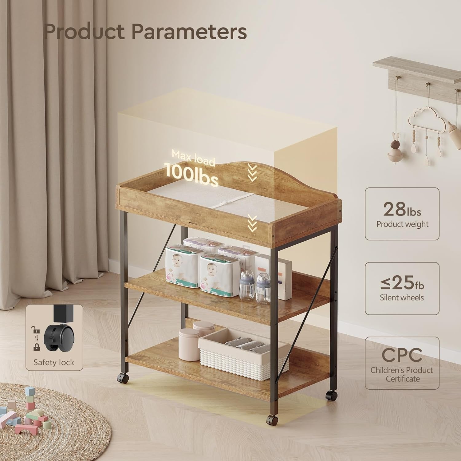 Baby Changing Table, Diaper Changing Station with Pad and Wheels, Two-Tier Open Storage Shelves, Waterproof Diaper Pad & Safety Strap,Compact Baby Furniture for Nursery, Rustic Brown