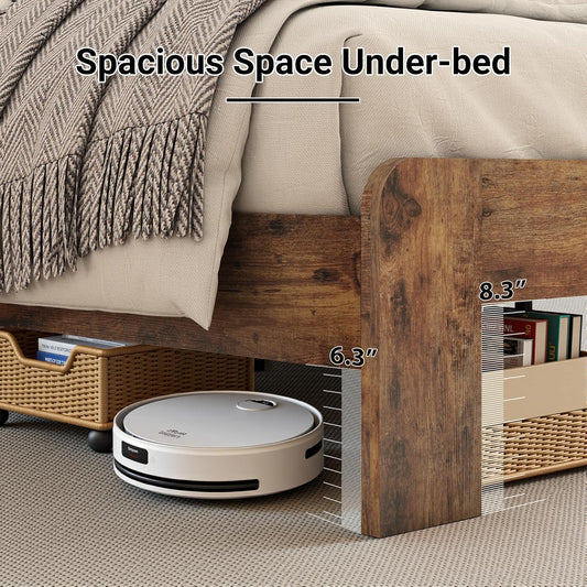Wooden Queen Size Bed Frame with Storage Headboard, Rustic Farmhouse Platform Bed Frame Queen with Charging Station & LED Lights, 12 Wood Slats Support, No Box Spring Needed,Dark Brown