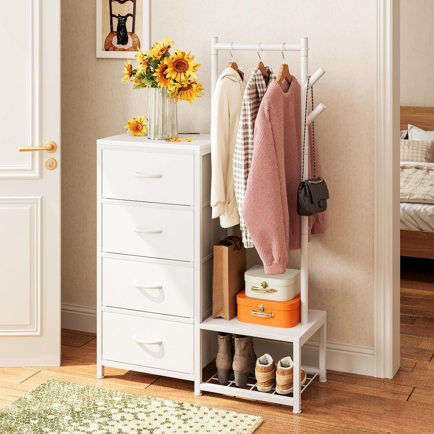 Small Dresser for Bedroom with Clothes Hanging Rack, Reversible Bedroom Dresser with Shoe Rack & 4 Fabric Drawers, 3-In-1 Storage Chest of Drawers with Storage Shelves & Tree Hooks, White