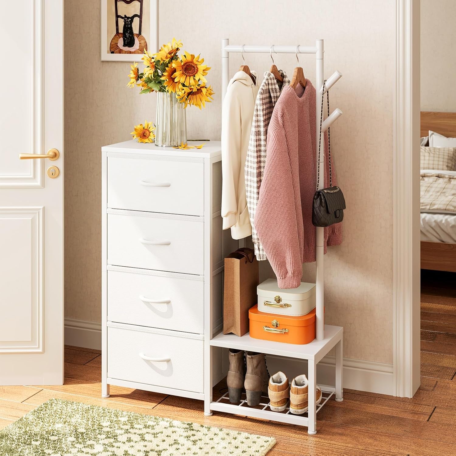 Small Dresser for Bedroom with Clothes Hanging Rack, Reversible Bedroom Dresser with Shoe Rack & 4 Fabric Drawers, 3-In-1 Storage Chest of Drawers with Storage Shelves & Tree Hooks, White