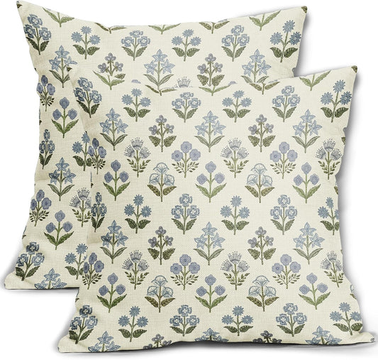 Blue Green Block Print Pillow Covers 18X18 Inch Set of 2, Vintage Floral Spring Decorative Throw Pillow Cases Boho Cushion Covers Rustic Decoration Gift Farmhouse Sofa Couch Bed Decor