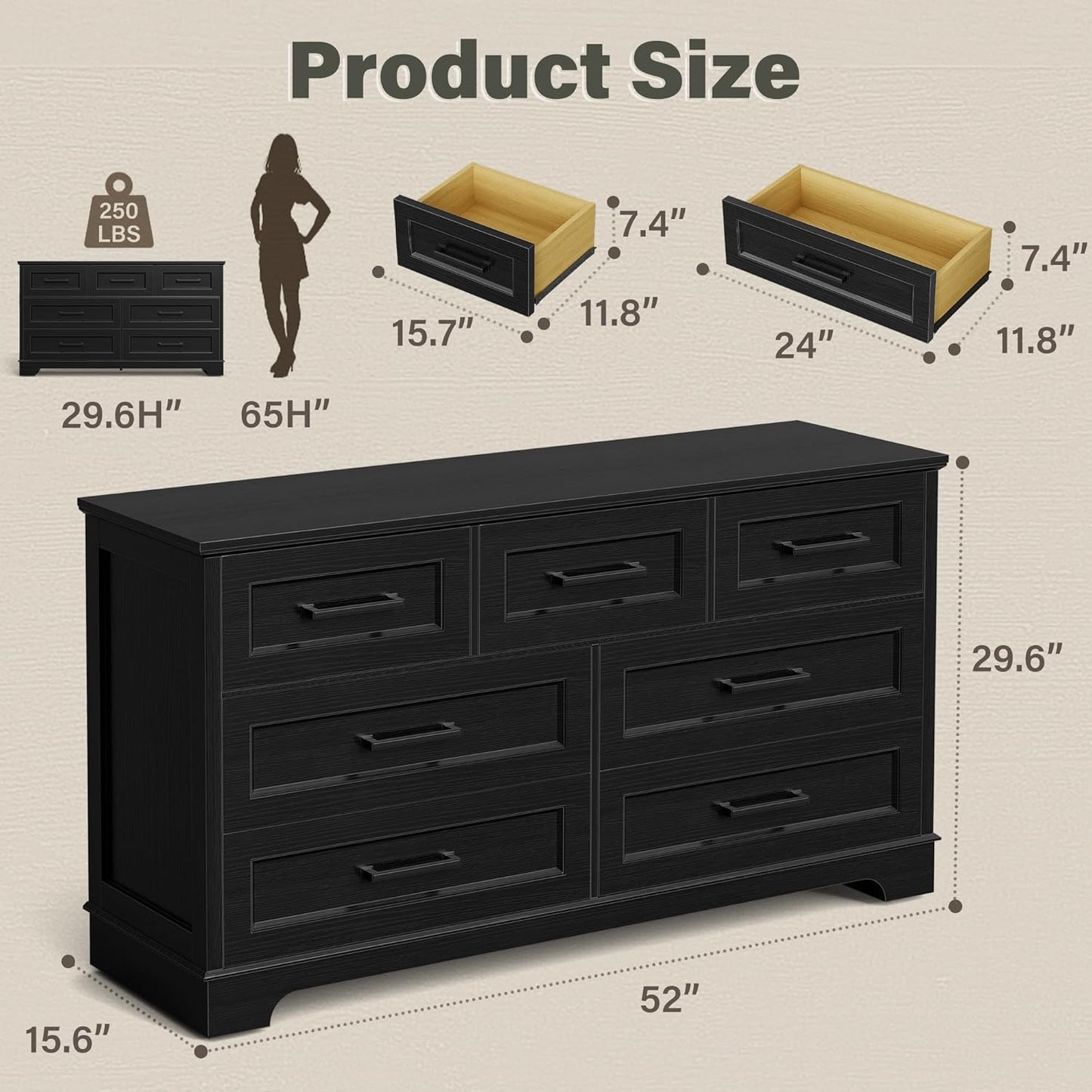 Dresser for Bedroom, Farmhouse 7 Drawers Dresser, Chest of Drawer Chest, Multi-Tier Clothing Storage Cabinet, Black