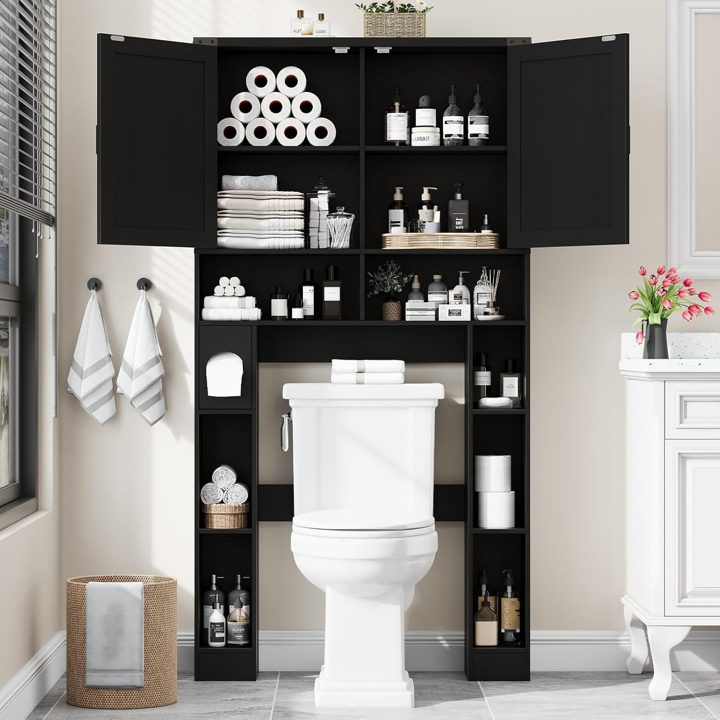 Over the Toilet Storage Cabinet, Farmhouse Storage Cabinet over Toilet with 2 Barn Doors ，Toilet Paper Holder Stand，Home Space-Saving Toilet Rack, for Laundry, Restroom, Bathroom.Black