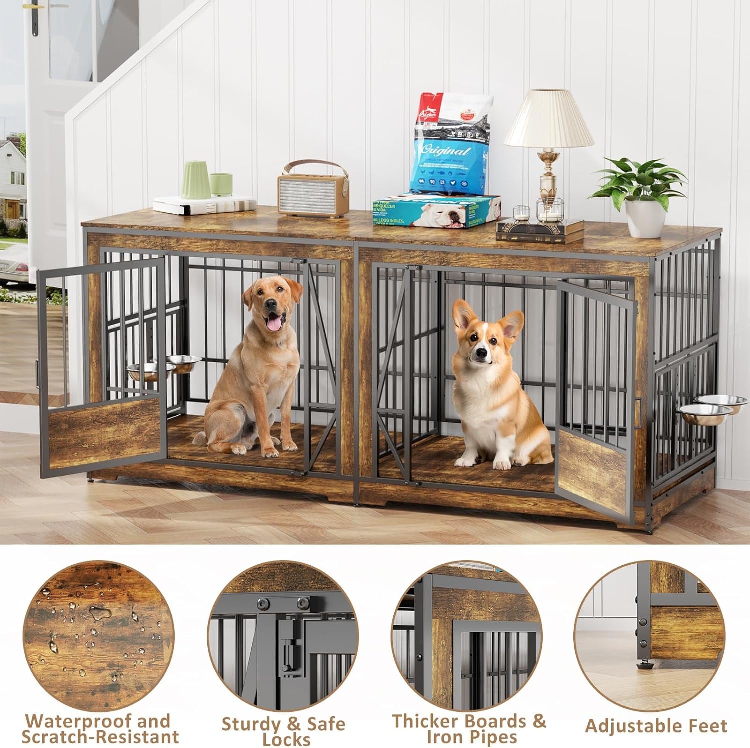 61'' Double Dog Cage Furniture for 2 Dogs, TV Stand Dog Kennel with Adjustable Divider, Heavy Duty Double Dog Crate Furniture Indoor with 4 Bowls, XL Dog Crate End Table for Medium Small Breed, Brown