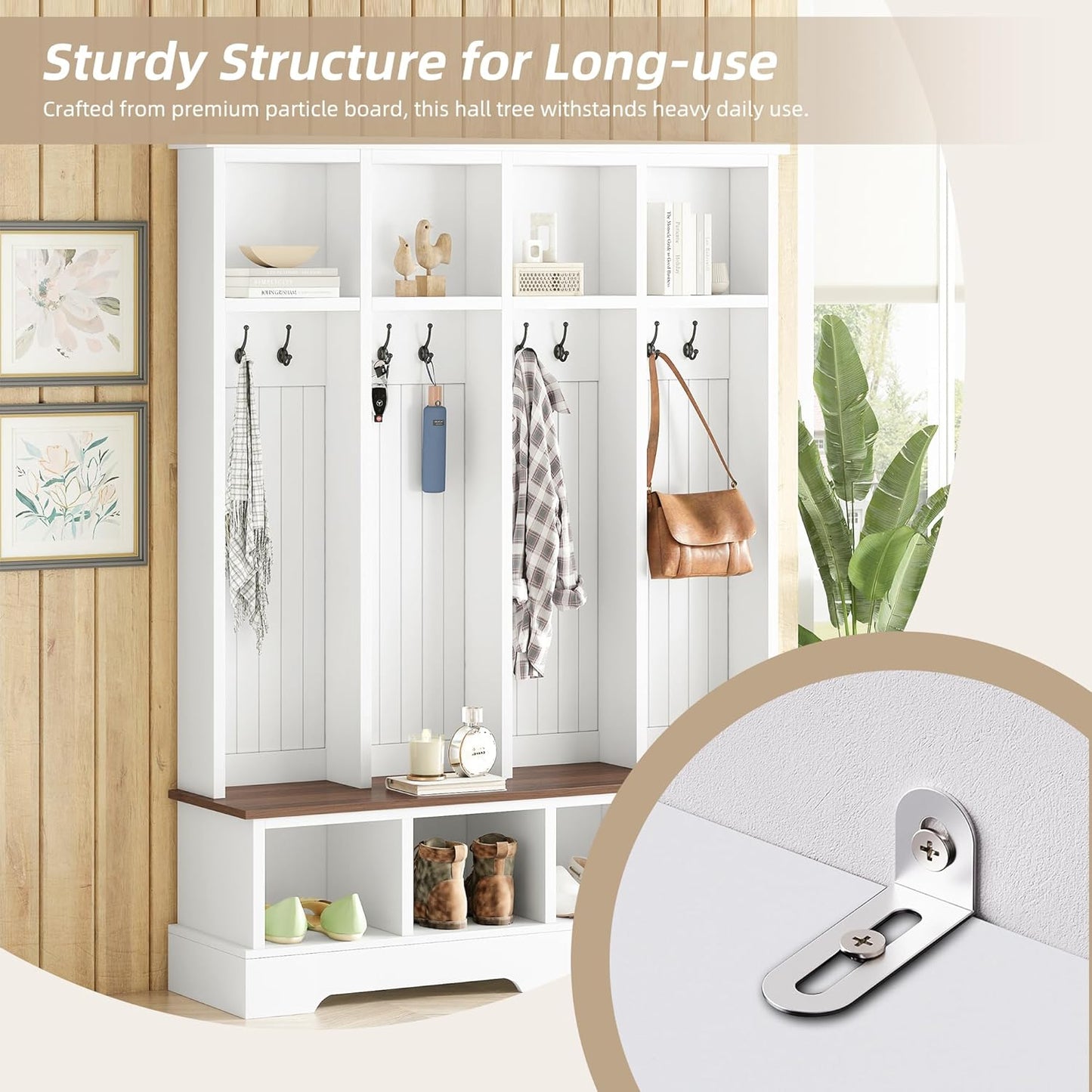 Farmhouse Hall Tree with 8 Hooks,Entryway Cabinet W/Bench,Multi-Functional Coat Rack W/4 Storage Unit and 4 Shoe Cabinet,Entryway Cabinets for Hallway,Living Room,Mudroom,White