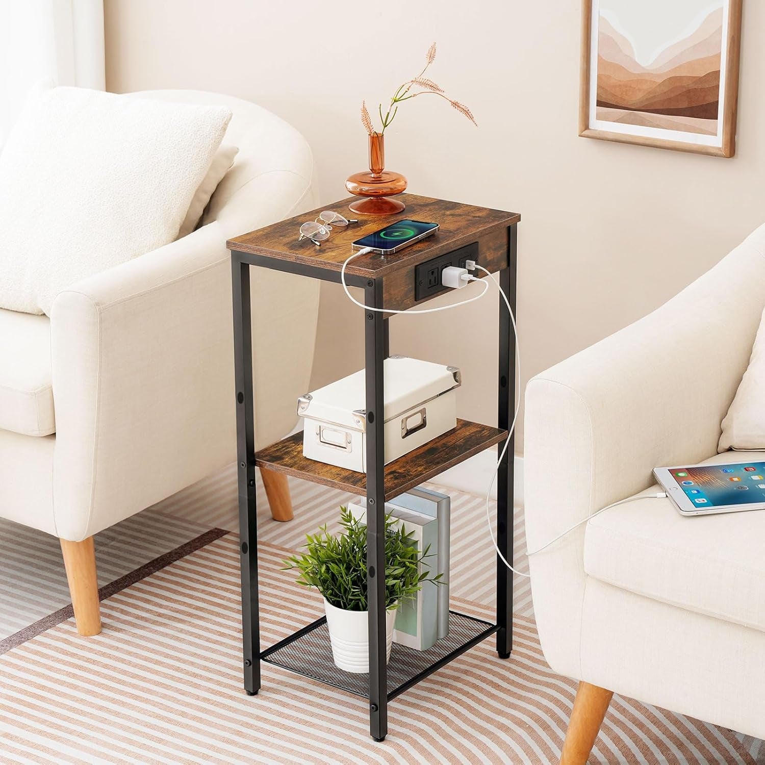 Tall End Table with Charging Station, 30 Inch Tall Nightstand, 3-Tier Small Side Table with Adjustable Shelf, for Living Room, Bedroom, Entryway, Rustic Brown BF09UDH01G1