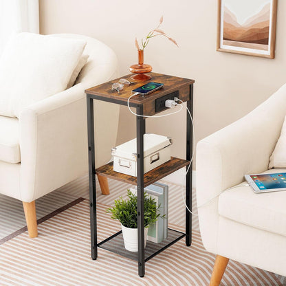 Tall End Table with Charging Station, 30 Inch Tall Nightstand, 3-Tier Small Side Table with Adjustable Shelf, for Living Room, Bedroom, Entryway, Rustic Brown BF09UDH01G1