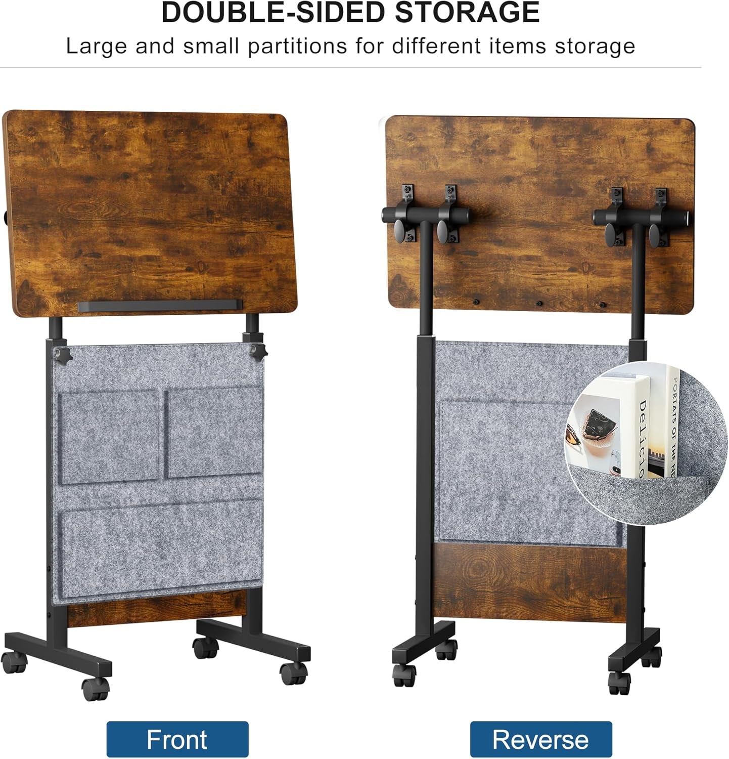 Height Adjustable Standing Desk with Storage Bag Widths16 in Length 24 In, Portable Rolling Mobile Stand up Table with Wheels, 360 Degree Flip Laptop Computer Desk for Home Office, Rustic Brown