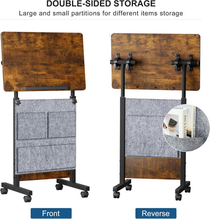 Height Adjustable Standing Desk with Storage Bag Widths16 in Length 24 In, Portable Rolling Mobile Stand up Table with Wheels, 360 Degree Flip Laptop Computer Desk for Home Office, Rustic Brown