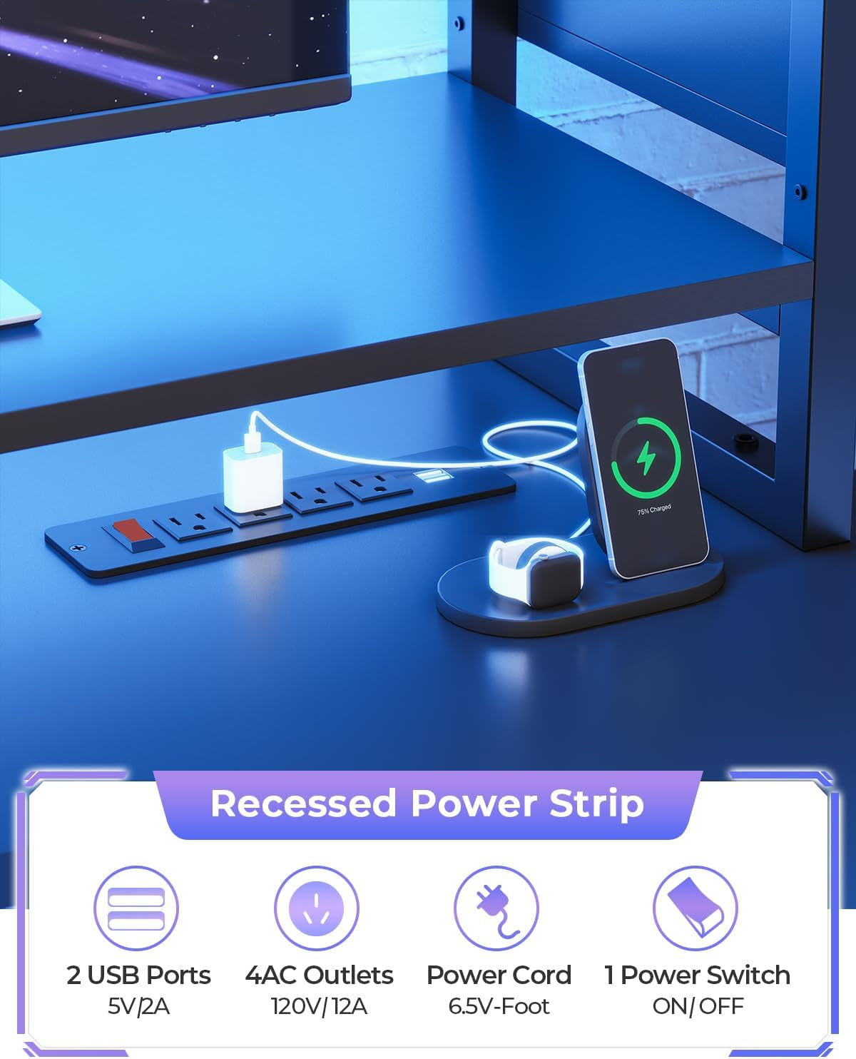 Gaming Desk 74.8'' with LED Lights, Hutch and Storage Shelves, Computer Desk with Monitor Stand, Large PC Gamer Desk Workstation, Ergonomic Gaming Table for Bedroom, Living Room, White