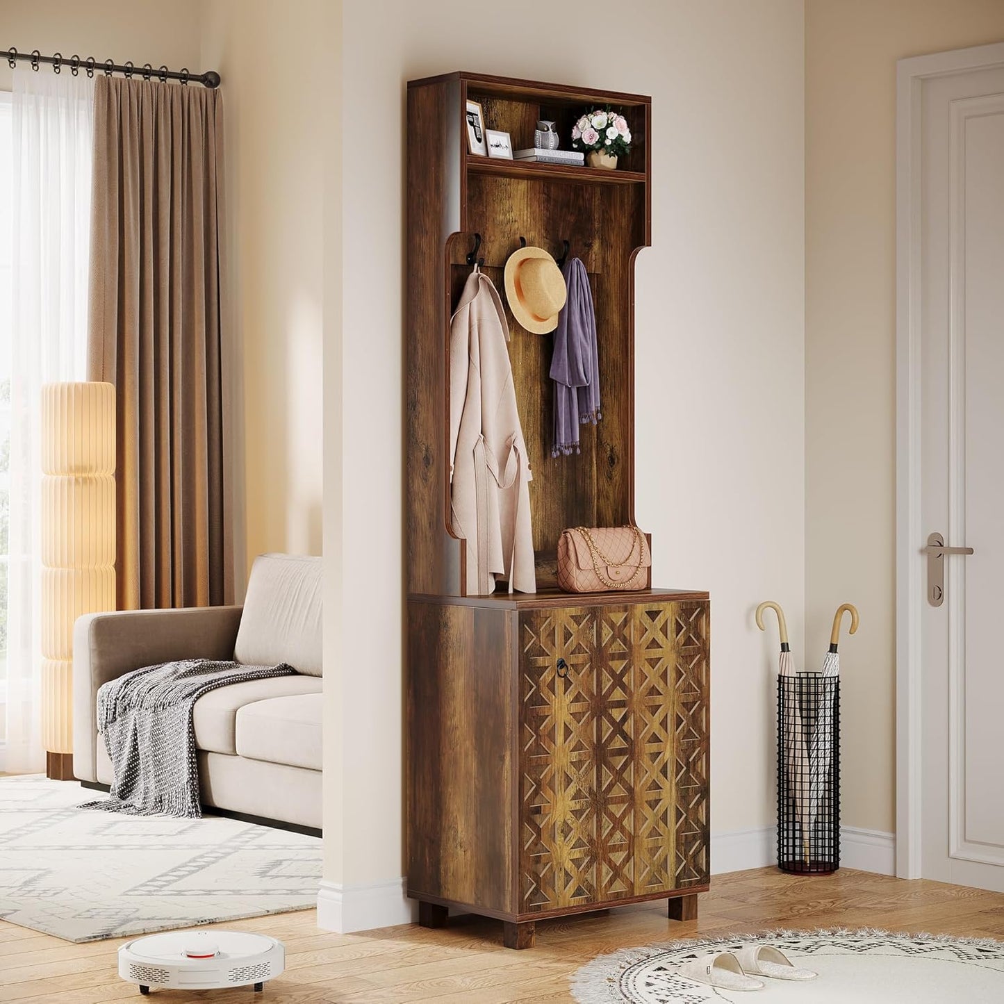 3-In-1 Entryway Hall Tree with Storage, Farmhouse Hall Tree with Coat Rack, Top Storage and Shoe Cabinet for Entryway, Hallway, Bedroom, Rustic Brown