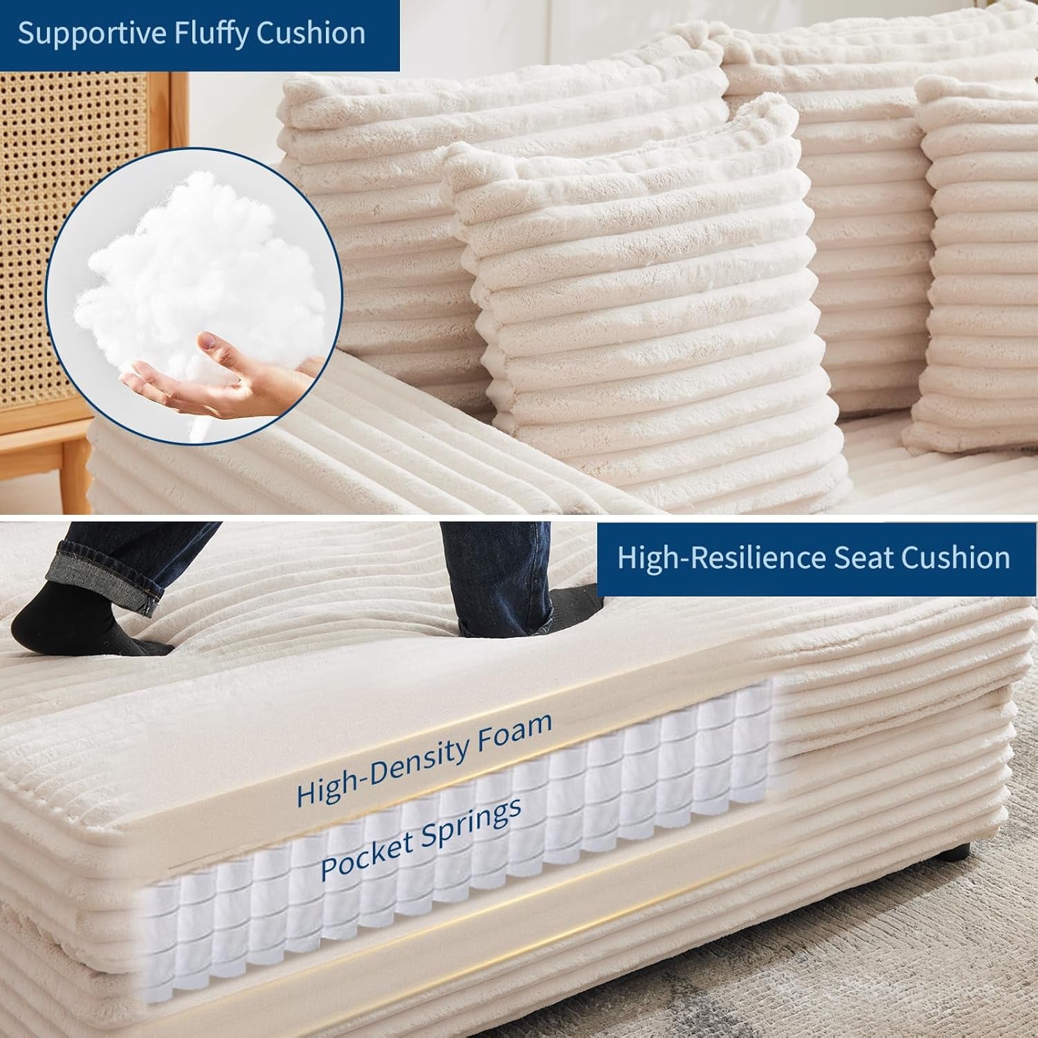 Oversized Chaise Lounge Chair Indoor, 60 Inch Upholstered Sofa Bed with Throw Pillows and Armrests, Comfy Corduroy Sleeper Couch for Living Room, Bedroom, Office, Beige