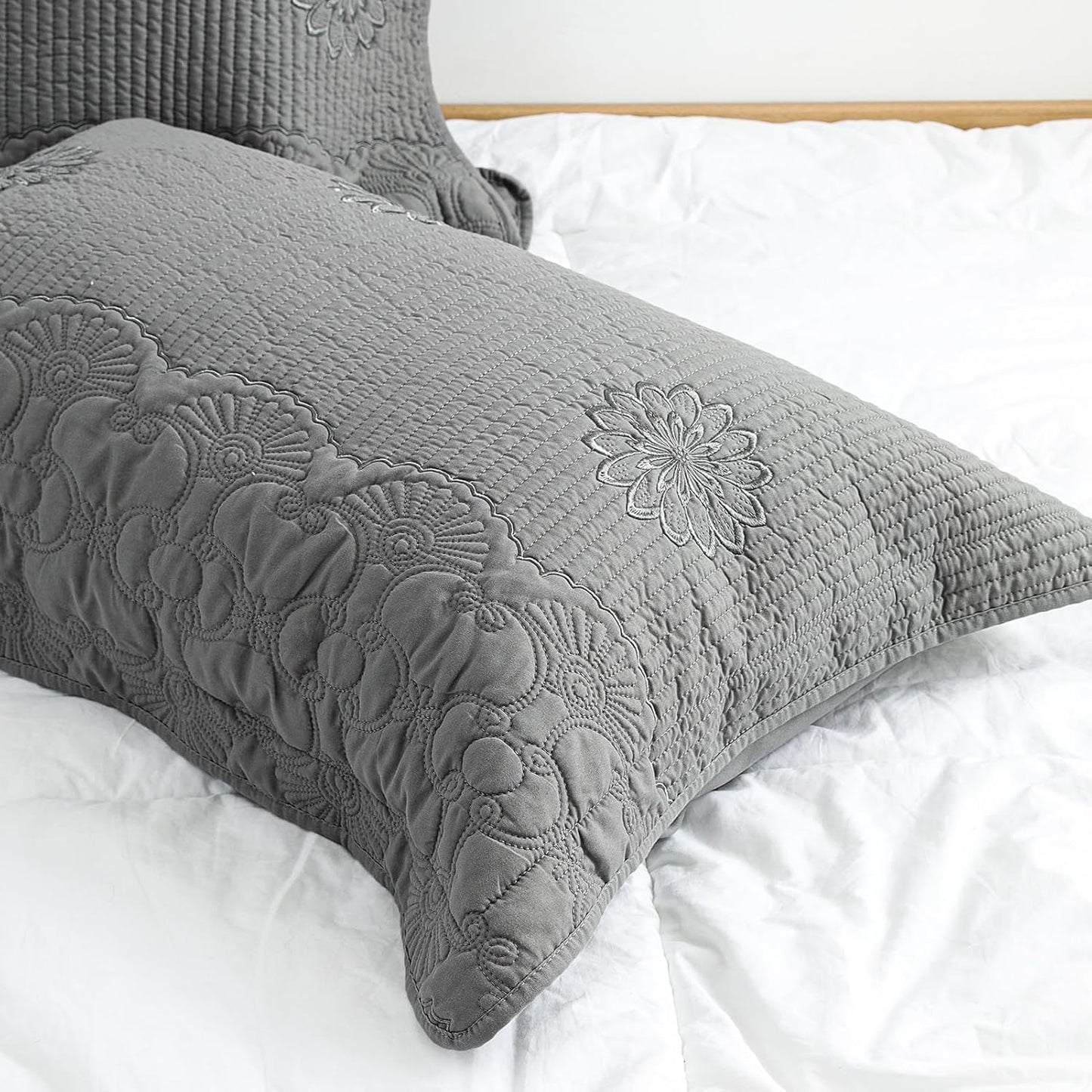 Pillow Shams King Size Set of 2, Ultra Soft Breathable Quilted Embroidery Pillow Cases 20 X 36 Inches for Sleeping, Decorative Microfiber Bed Pillowcases Easy Care, Gray